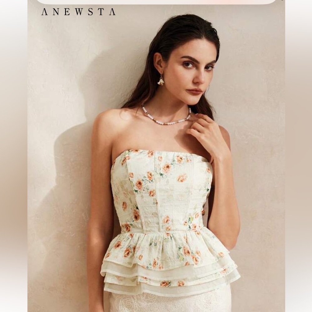 Floral Strapless Blouse - Cream and Orange